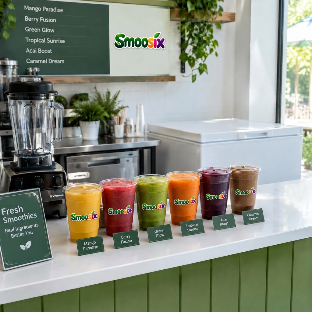Mini-corner Smoosix installé dans un coffee shop avec blender, mini-congélateur et six smoothies colorés