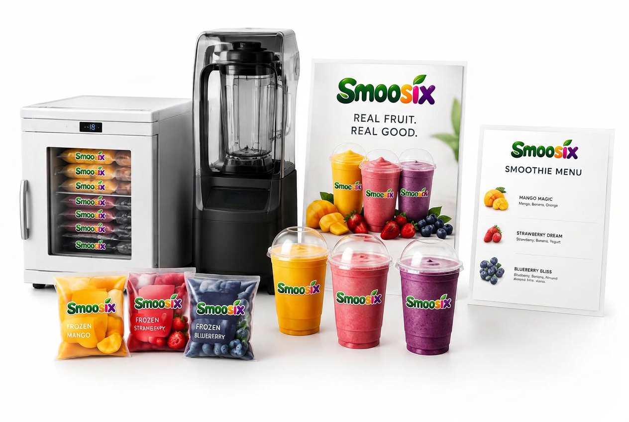 Pack d’implantation Smoosix : mini-congélateur, blender, sachets de fruits et kit de communication